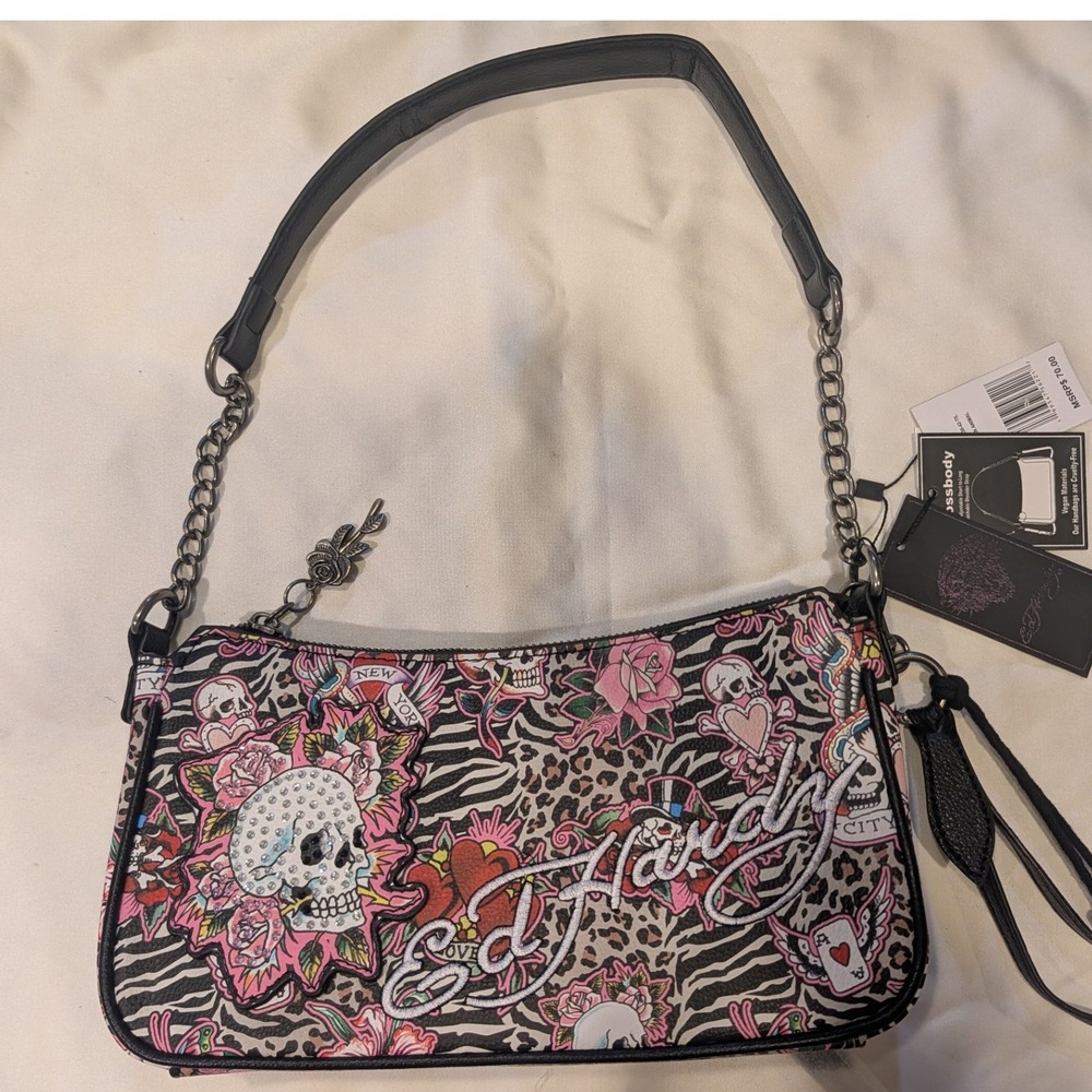 Ed Hardy Tattoo Print Baguette Shoulder Bag Skulls Roses Animal NWT Y2K Street